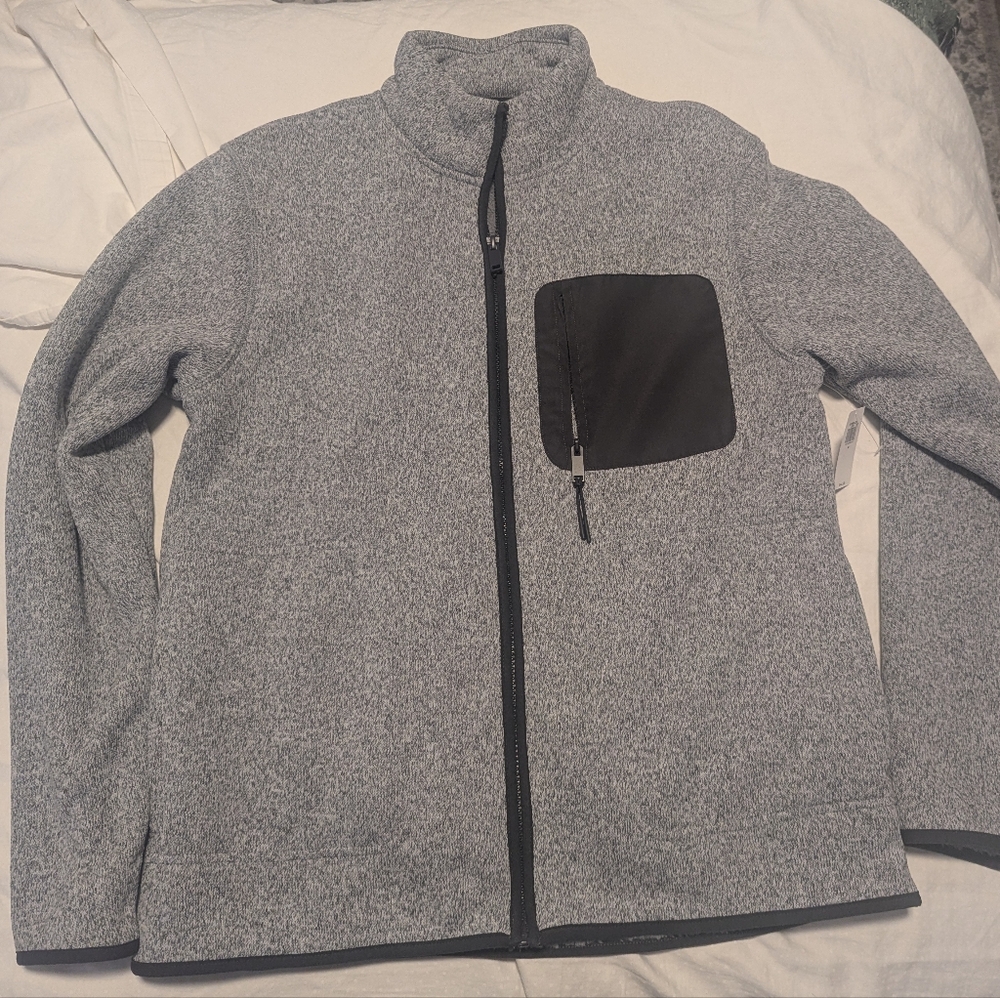 Gray Full-Zip Jacket with Black Pocket